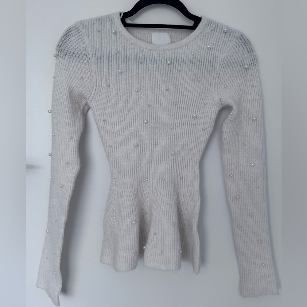 H&M Pearl-Embellished Cream Knit Top